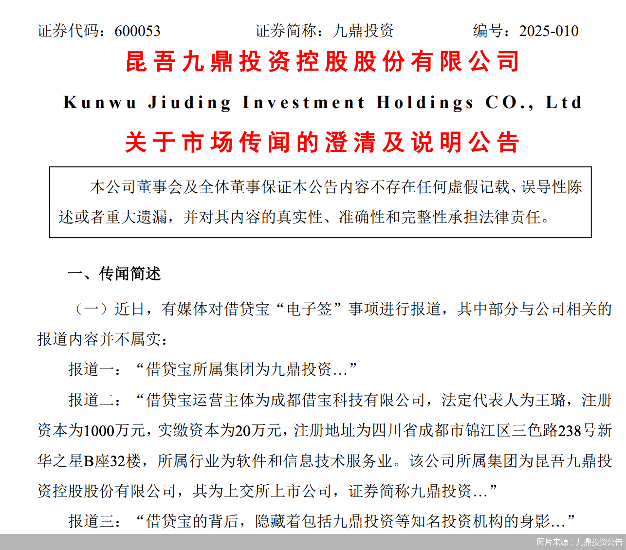 图片来源:九鼎投资公告
