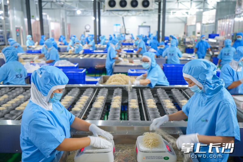 铜仁市思南县经开区贵州佳里佳食品有限公司生产车间，工人们正将切好红薯粉丝称重、装碗。