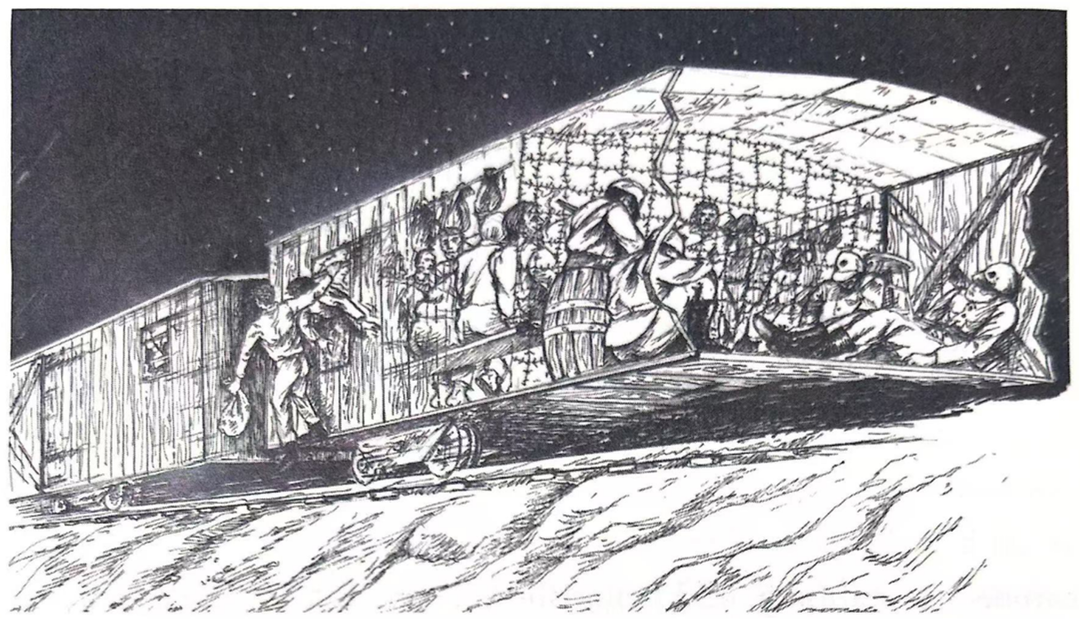 威廉·泰勒回忆录《被毛泽东营救》插画：威廉・泰勒从车厢窗户逃出。