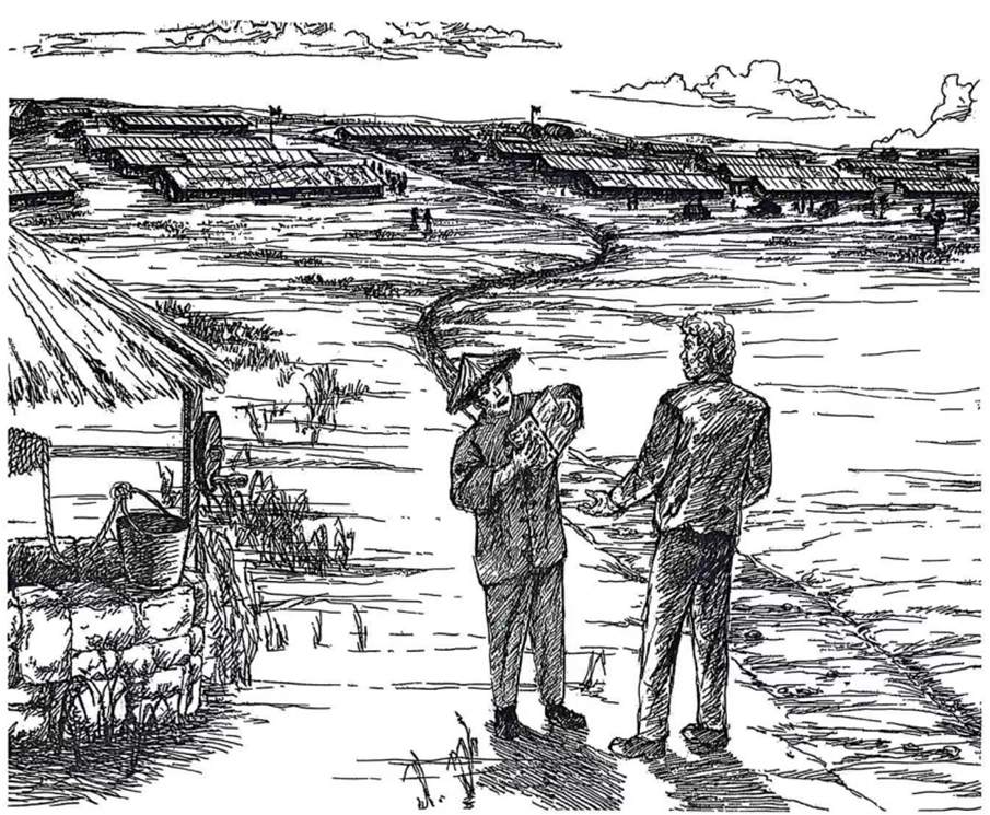 威廉·泰勒回忆录《被毛泽东营救》插画：威廉·泰勒尝试用手语和中国农民交流。