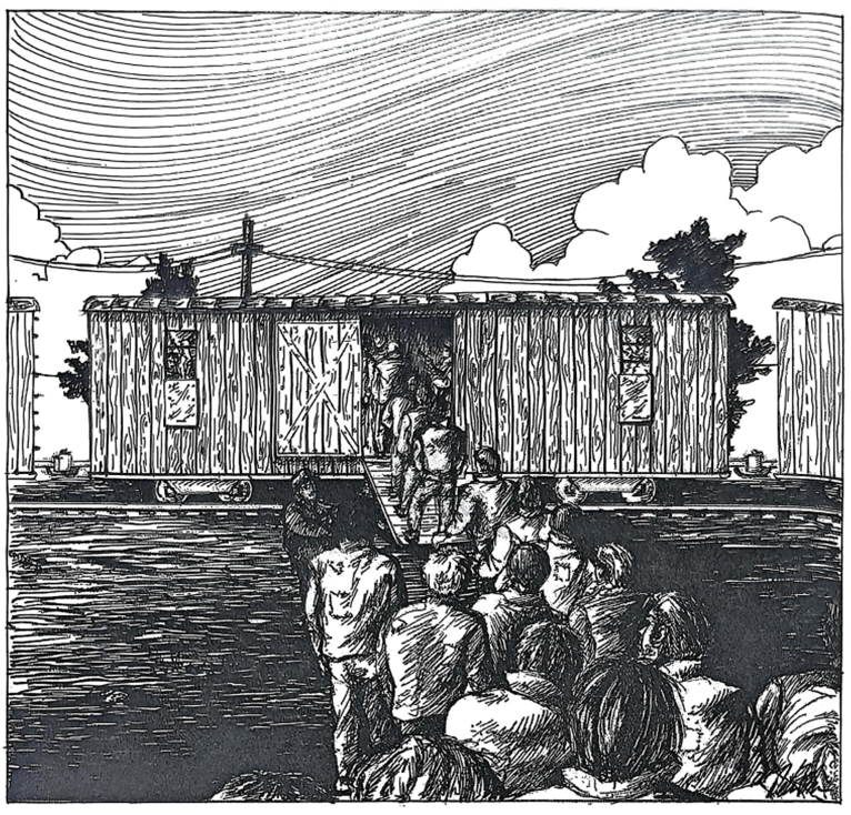 威廉·泰勒回忆录《被毛泽东营救》插画：战俘在中国上海被塞进货运车厢。