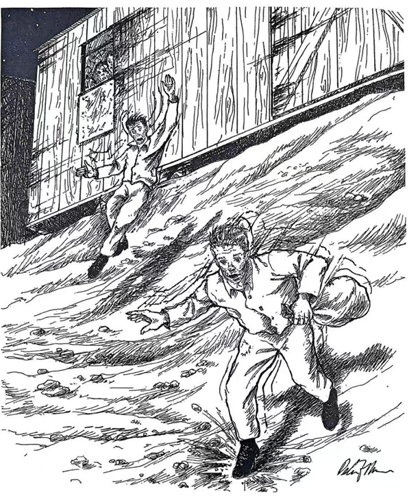 威廉·泰勒回忆录《被毛泽东营救》插画：威廉·泰勒和同伴先后跳下列车。